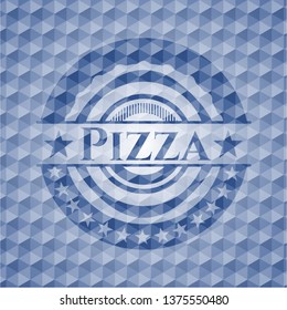 Pizza blue emblem with geometric pattern background.