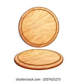 Pizza Board Accessory For Fat Food Set Vector. Round Wooden Pizza Board In Circular Shape Tray For Delicious Freshness Cook Nourishment. Wood Desk For Meal Template Realistic 3d Illustrations