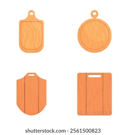 Pizza board icons set cartoon vector. Wooden cutting board of different shape. Kitchenware