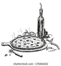 Pizza with bottle of garlic oil. Hand drawn illustration. Eps 8.