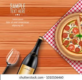 Pizza with bottle of wine and a glass on wooden table