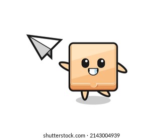 pizza box cartoon character throwing paper airplane , cute design