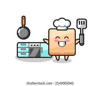 pizza box character illustration as a chef is cooking , cute design