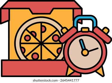 Uma caixa de pizza com um relógio por cima. O relógio está mostrando o horário como 10:00
