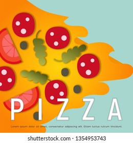 Pizza Box Cover Design Template for Pizzeria - Big Slice of Pizza on Blue Background. Vector illustration.
