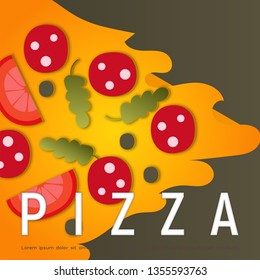 Pizza Box Cover Design Template for Pizzeria - Big Slice of Pizza on Black  Background. Vector illustration.