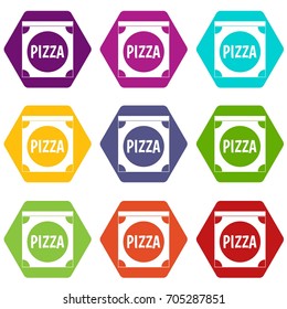 Pizza box cover icon set many color hexahedron isolated on white vector illustration