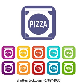 Pizza box cover icons set vector illustration in flat style In colors red, blue, green and other
