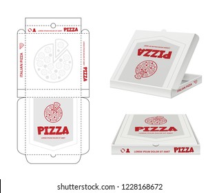 Pizza box design. Unwrap fastfood pizza package realistic template business identity vector