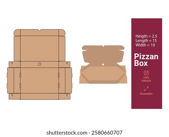 Pizza box dieline for packaging template with preview