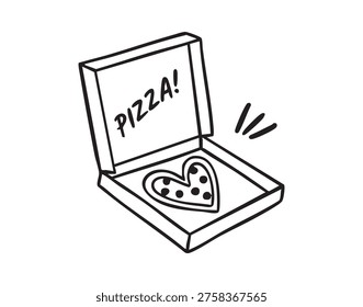 Pizza box excitement. Vibrant comic themed pizza image enclosed in box for various uses. Animated comic style drawing of heartshaped pizza inside box with expressive lines and lively energy