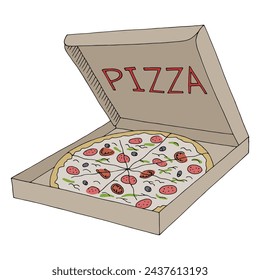 Pizza in box graphic fast food color sketch isolated illustration vector 