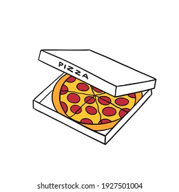 Pizza in a box. Hand drawn sketch. Vector illustration. Fast food.