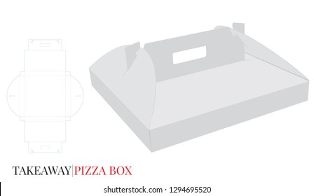 Pizza Box with Handle Template, Vector with die cut  laser cut layers. Cardboard Self Lock Delivery Box. White, blank, clear, isolated mock up on white background, perspective view. Packaging design
