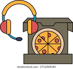 Una caja de pizza con un auricular encima. La caja de la pizza es blanca y el auricular es negro