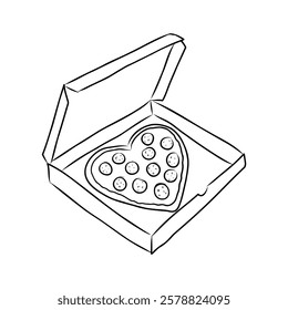 A pizza is in a box with a heart on it. The pizza is covered in pepperoni