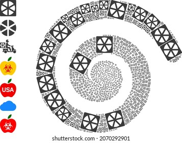 Pizza box icon spiral centrifugal composition. Pizza box icons are formed into spiral mosaic structure. Object twist is organized from randomized pizza box icons. Some bonus icons are attached.