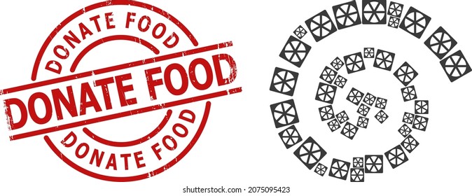 Pizza box icon spiral twist collage, and Donate Food rubber seal. Pizza box symbols are united into twist mosaic structure. Red stamp seal includes Donate Food text inside round shape.