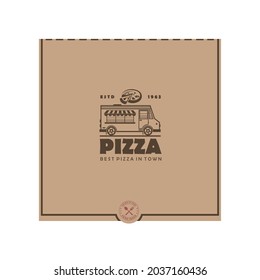 pizza box illustration with food truck isolated on white background