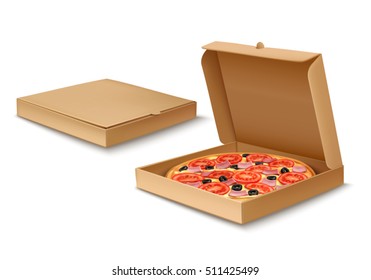 Pizza in box isolated on white background