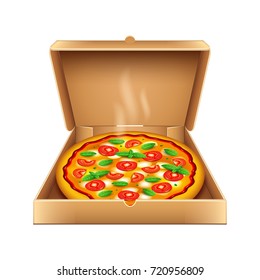 Pizza in box isolated on white photo-realistic vector illustration