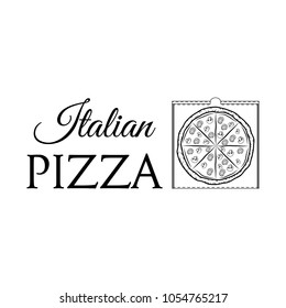 Pizza box. Italian pizza logo. Design menu. Pizzeria label. Dizza delivery. Vector illustration