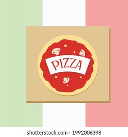 Pizza box with pizza logo with mushrooms and sauce