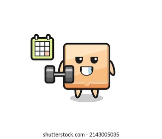 pizza box mascot cartoon doing fitness with dumbbell , cute design