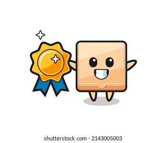 pizza box mascot illustration holding a golden badge , cute design