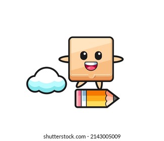pizza box mascot illustration riding on a giant pencil , cute design