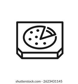 Pizza box minimalist icon in line style. Food paper packaging, delivery and takeaway. Editable stroke. Pictogram for food delivery apps, restaurant branding, packaging, ui ux. Vector illustration