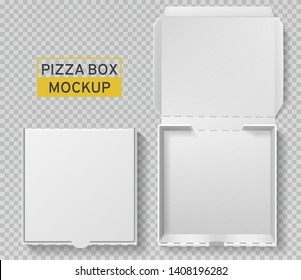 Pizza box. Open and closed pizza pack, top view paper white carton mockup, meal delivery, fast food lunch realistic vector packaging template