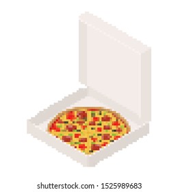 Pizza in box open pixel art. 8 bit Fastfood vector illustration
