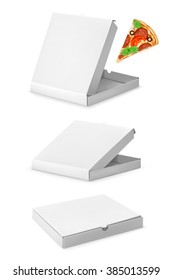 Pizza box package, white cardboard, set of vector objects, mockup