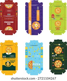 Conjunto de design de embalagem de caixa de pizza, ilustração de corte de vetor plano