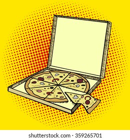 Pizza box pop art style vector illustration. Comic book style imitation