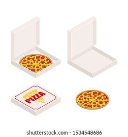 Pizza and box set. Closed and open box. Fast food Vector illustration