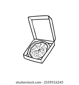A pizza in a box with a slice of pizza inside