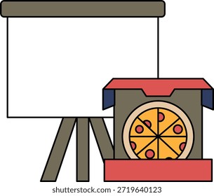 Uma caixa de pizza com uma fatia de pizza no interior fica em uma mesa ao lado da tela do projetor. A tela está vazia, sugerindo que ainda não foi usada. A caixa de pizza é um design simples, com uma tampa