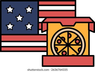 A pizza box with a slice of pizza on it is shown next to an American flag. Concept of patriotism and the idea of enjoying a slice of pizza while celebrating the United States