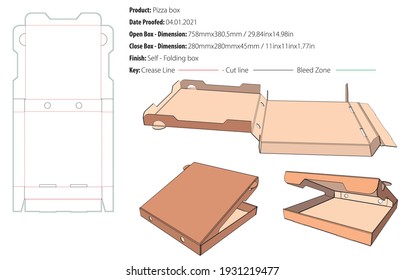 Pizza box small packaging template self lock die cut-vector