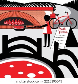 Pizza Box Style Art In Spot Red Shop Cafe Restaurant Chef Baking Fresh Fire Roasted Pizza In Brick Oven With Sign And Table And Bicycle