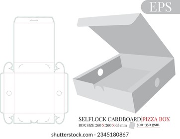 Pizza box template, vector with die cut, laser cut lines. Self-lock cardboard box, cut and fold packaging design. White, clear, blank, isolated open pizza box mock-up on white background