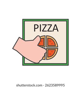 Caixa de pizza com polegares para cima. Ilustração vetorial