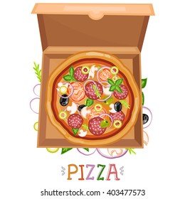 Pizza box top view. Pizza delivery isolated on white vector illustration 