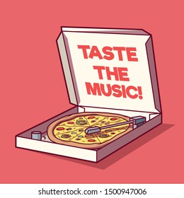 Pizza box as a Turntable vector illustration. Food, Music, branding design concept