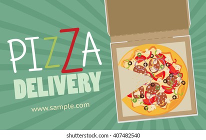 Pizza box vector advertisement banner. Pizza box delivery service.