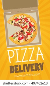 Pizza box vector advertisement banner. Pizza box delivery service.