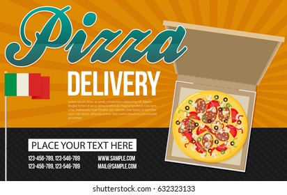 Pizza box vector advertisement banner. Pizza box delivery service.