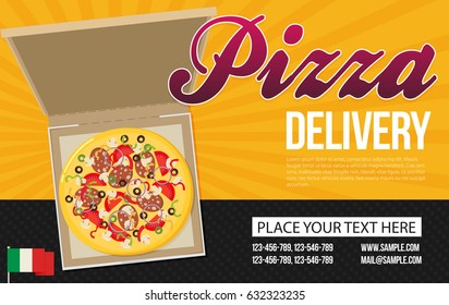 Pizza box vector advertisement banner. Pizza box delivery service.